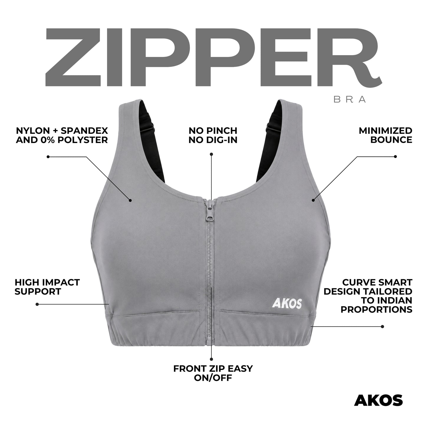 Akos Active Zipper Sports Bra – Grey