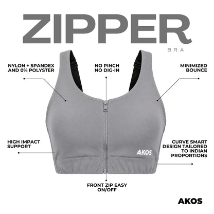 Akos Active Zipper Sports Bra – Grey