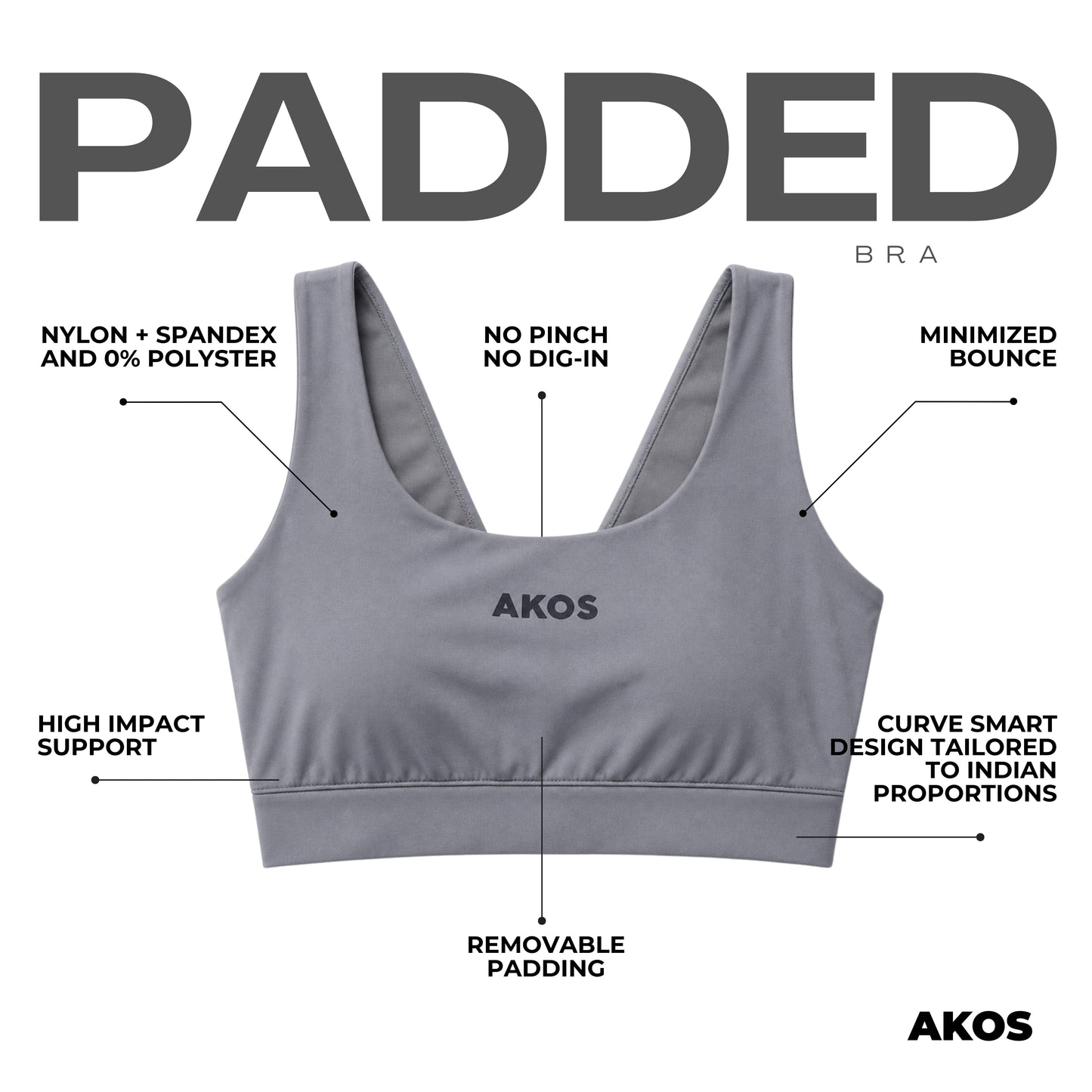 Akos Active Padded Sports Bra – Grey