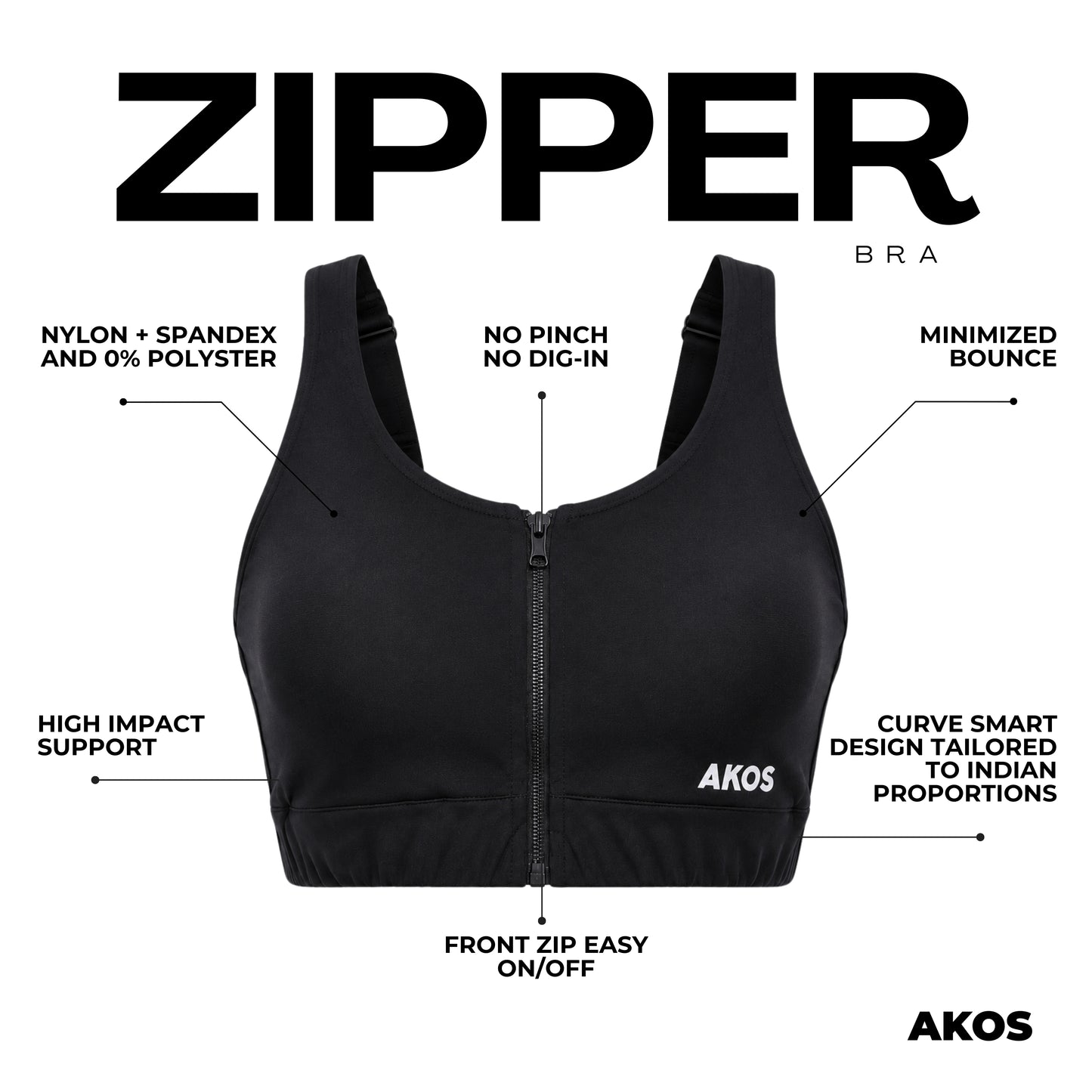 Akos Active Zipper Sports Bra – Black