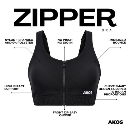 Akos Active Zipper Sports Bra – Black